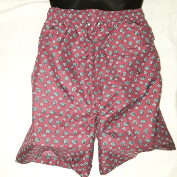 Men's Burgundy Red Blue Paisley Swim Trunks Shorts - Picture 2 of 7